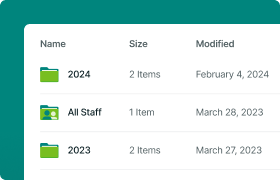 A digital file directory showing folders labeled 2024, All Staff, and 2023 with modification dates. Each folder's contents are briefly listed.