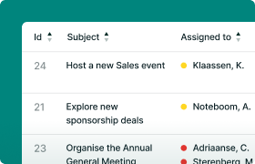 A digital task management interface displaying tasks with IDs, subjects, and assignees. Tasks include hosting sales events and exploring sponsorship deals.