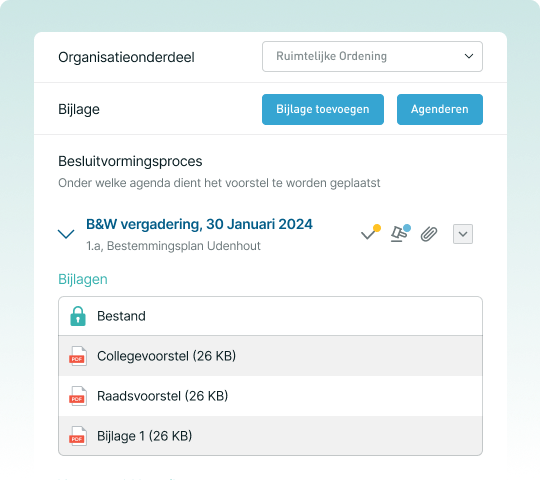 Screenshot of a digital document management system interface in Dutch, displaying planning files for a meeting scheduled on January 30, 2024.