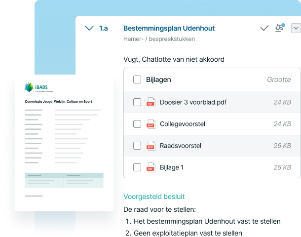 A digital document interface displaying files related to "Bestemmingsplan Udenhout," with checkboxes and file sizes in a light blue and white theme.