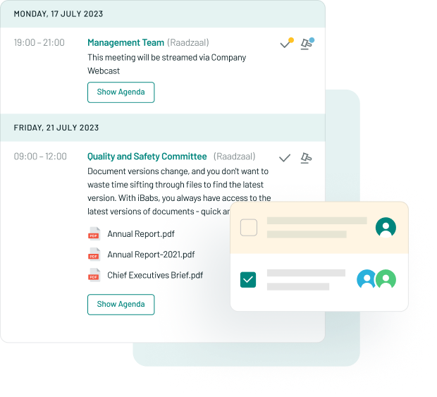 Meeting schedule with dates, times, agendas, and document attachments for Management Team and Quality and Safety Committee. Visual elements include icons and text boxes.