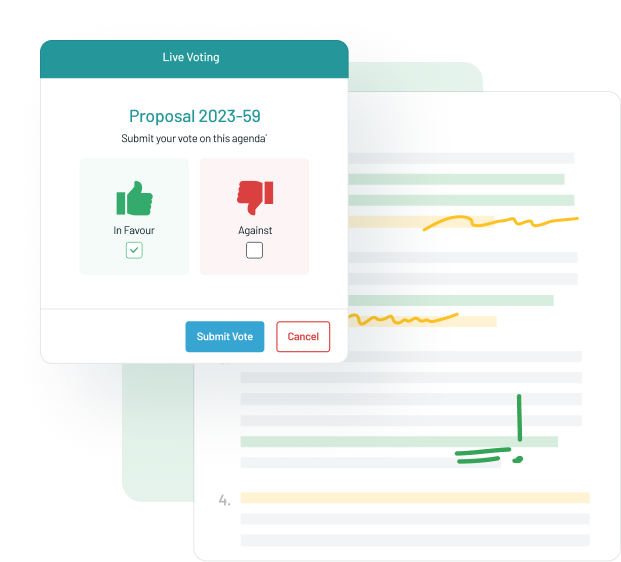 A person engages with a digital voting interface, displaying a proposal with "In Favour" and "Against" options on an edited document background.