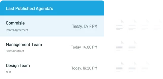 Digital agenda interface showing meeting times for committees and teams alongside document icons, suggesting organized schedule planning and document management.