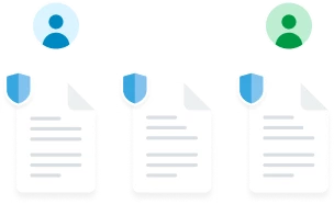 Illustration showing two icons above three documents with blue shields. Dotted lines connect icons to documents, suggesting data sharing or collaboration.