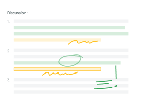 Highlighted and marked text lines on a digital document with yellow and green annotations, including circles and exclamation marks for emphasis.