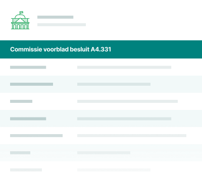 A document with a green header titled "Commissie voorblad besluit A4.331," featuring a simple line drawing of a building at the top left.