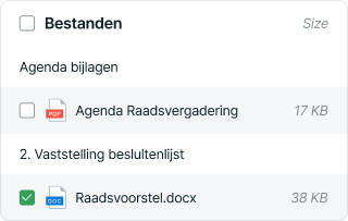 A screenshot shows a file manager with three documents: "Agenda Raadsvergadering," "Vaststelling besluitenlijst," and "Raadsvoorstel.docx," all with specified sizes.