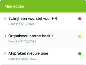 A task list with three items: writing an HR proposal, organizing an internal meeting, and arranging a new union. Deadlines are color-coded.