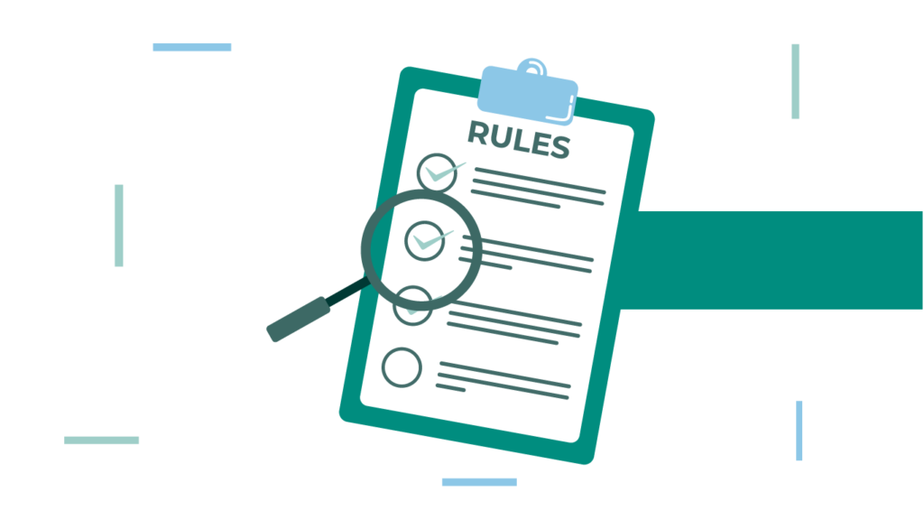 A clipboard labeled "Rules" with a checklist and magnifying glass illustrating regulation review, surrounded by decorative minimalist elements.