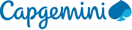The image displays the Capgemini logo, featuring the brand name in blue script with a stylized spade symbol on the right.
