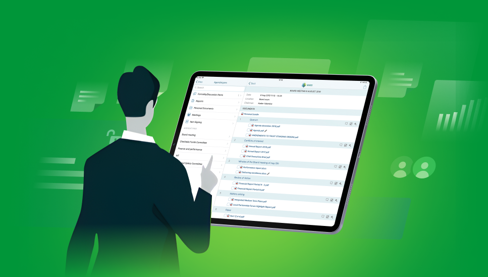 A person interacts with a tablet displaying meeting agendas on a green background, with digital icons and graphs surrounding the scene.