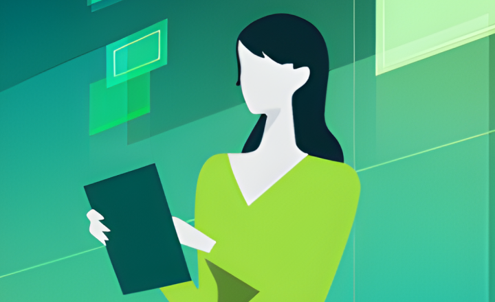 A stylized illustration of a person holding a tablet against a geometric, abstract green and turquoise background with floating shapes.