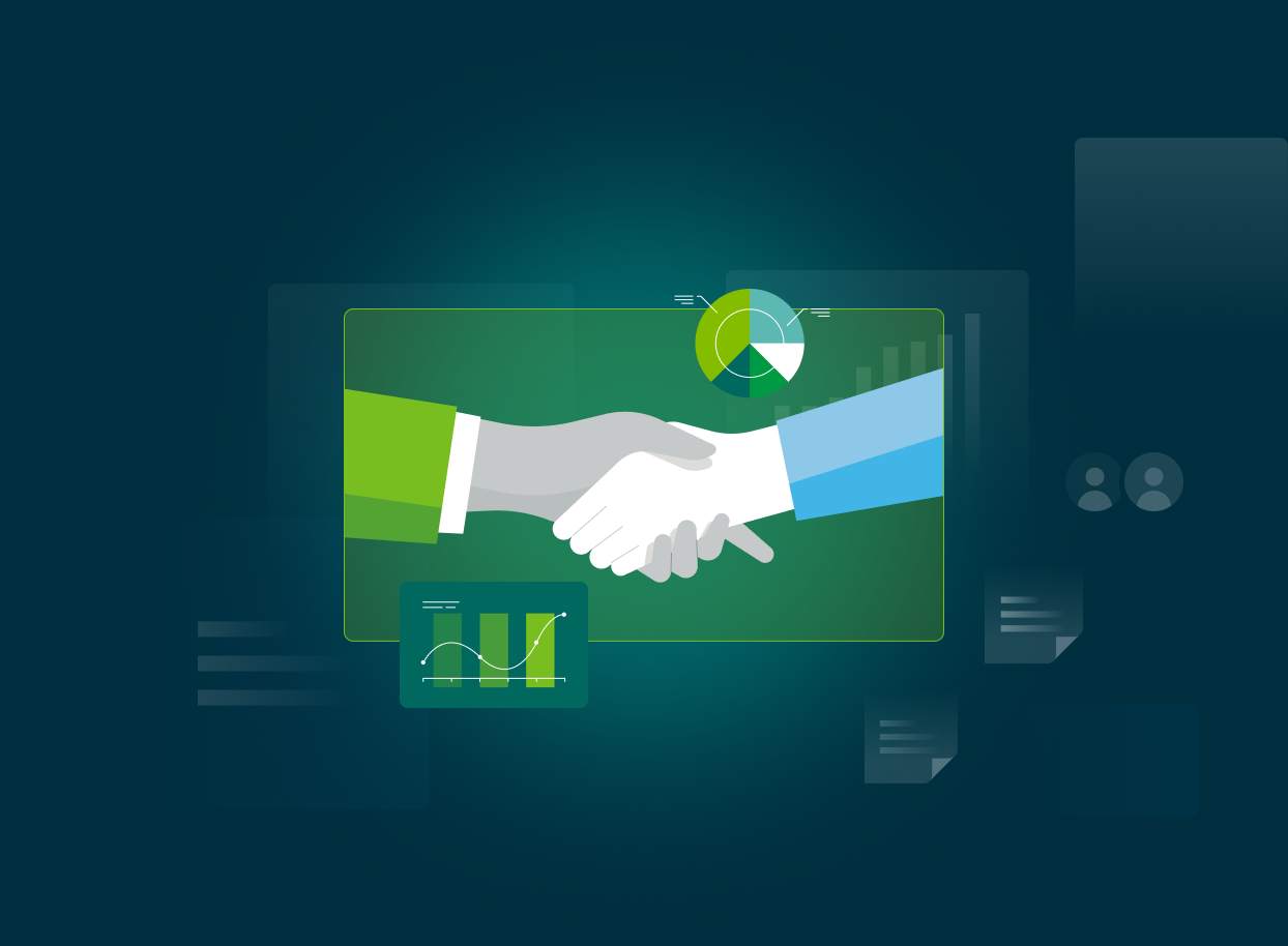 Illustration of two hands shaking with charts in the background, symbolizing business partnership and data analysis in a digital setting.