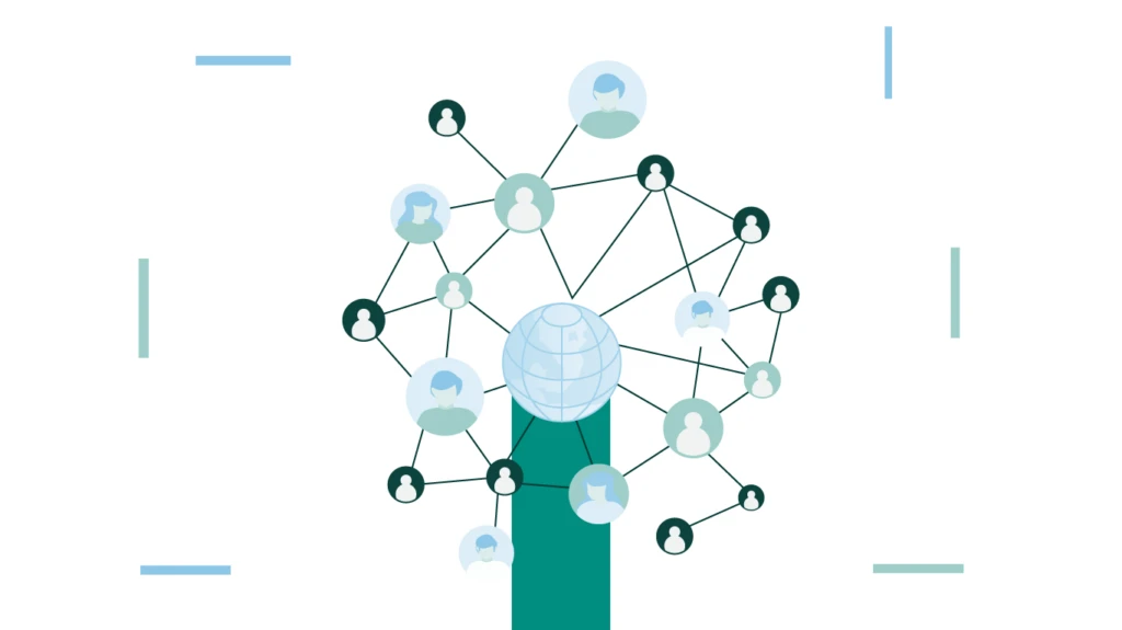 Illustratie met een netwerk van verbonden mensen rondom een wereldbol, symbool voor wereldwijde communicatie en onderlinge verbondenheid.