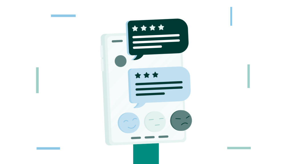 A smartphone graphic shows messages with star ratings and emoji reactions, demonstrating various customer feedback responses.