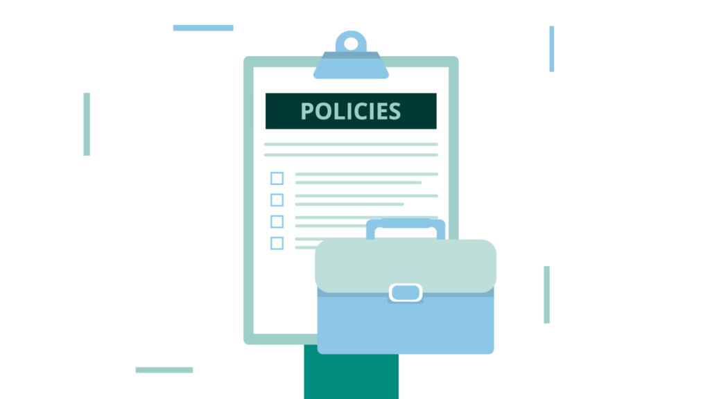 An illustration of a clipboard with "Policies" written on it and a briefcase icon in front, signifying business or corporate documentation.