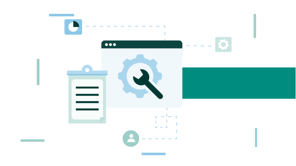 Een abstracte illustratie met tandwielen, een checklist en een gebruikerspictogram die onderling verbonden zijn door lijnen, wat een technologisch of organisatorisch proces suggereert.