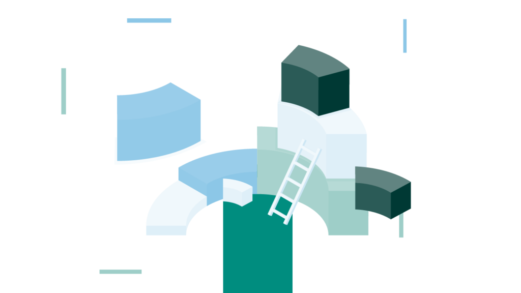 Abstract illustration with geometric shapes, ladder, and scattered lines, creating a dynamic composition in shades of teal and blue on a white background.