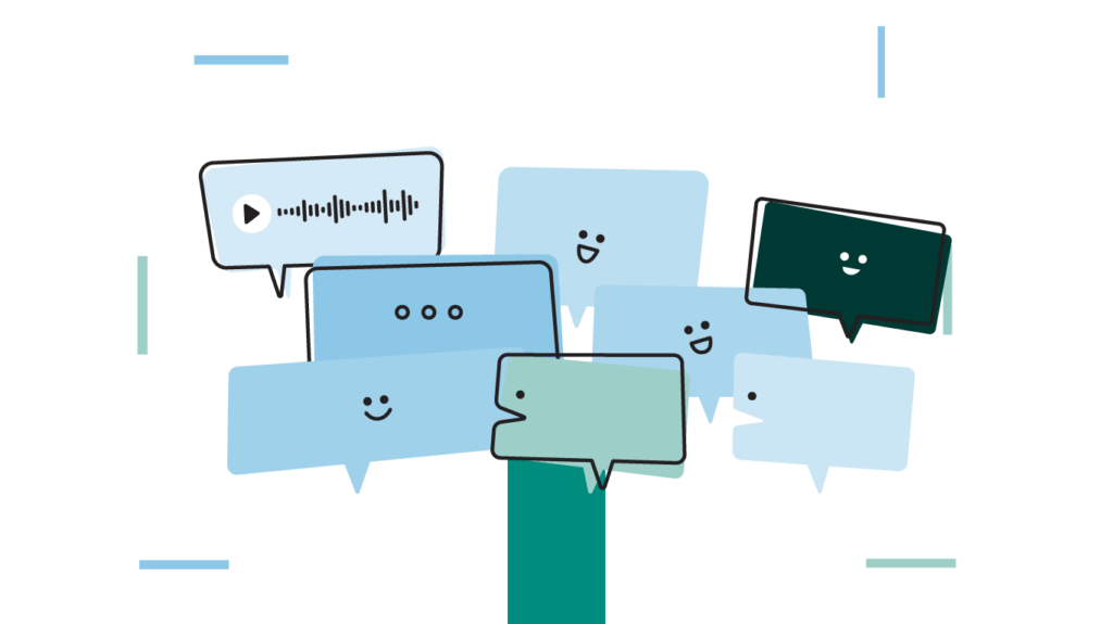 A collection of colorful speech bubbles featuring cheerful faces and audio icons, symbolizing communication and conversation in a digital format.