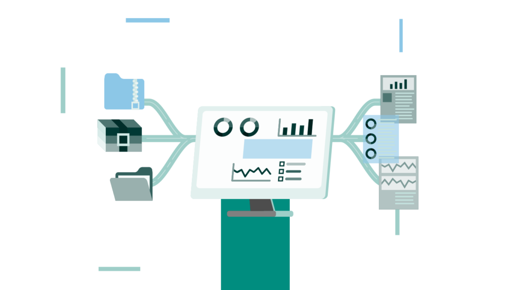 Een computerscherm toont grafieken en diagrammen, verbonden met mappen, documenten en bestanden, die het beheer en de analyse van gegevens in een digitale omgeving symboliseren.