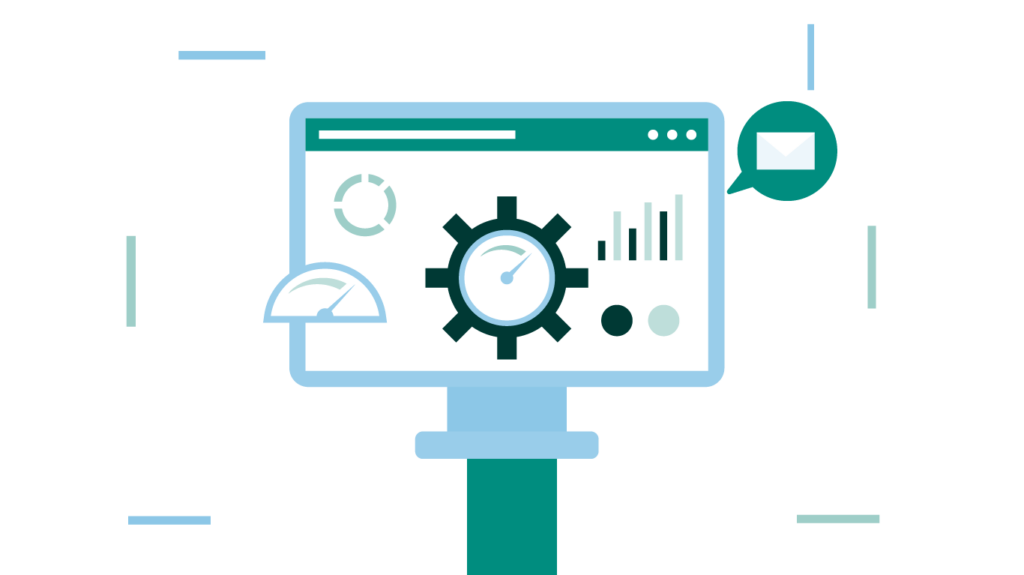 Illustratie van een computerscherm met verschillende analyse-instrumenten: versnelling, grafieken, snelheidsmeter en e-mailpictogram op een eenvoudige, abstracte achtergrond.