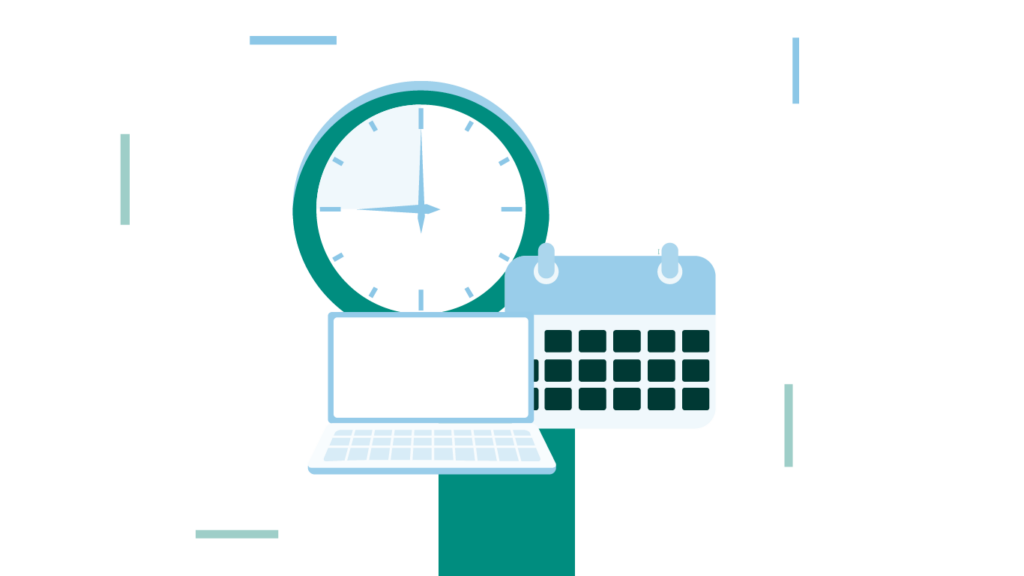 Een klok, kalender en laptop staan bij elkaar, als symbool voor tijdbeheer en productiviteitstools op een witte achtergrond.