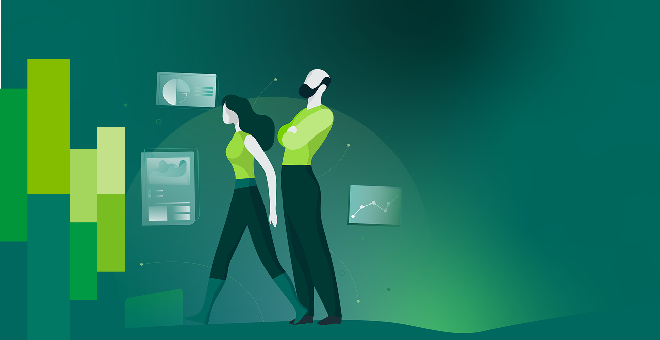 Two figures stand with charts and graphs in the background, symbolizing data analysis in a stylized, green-toned digital illustration.
