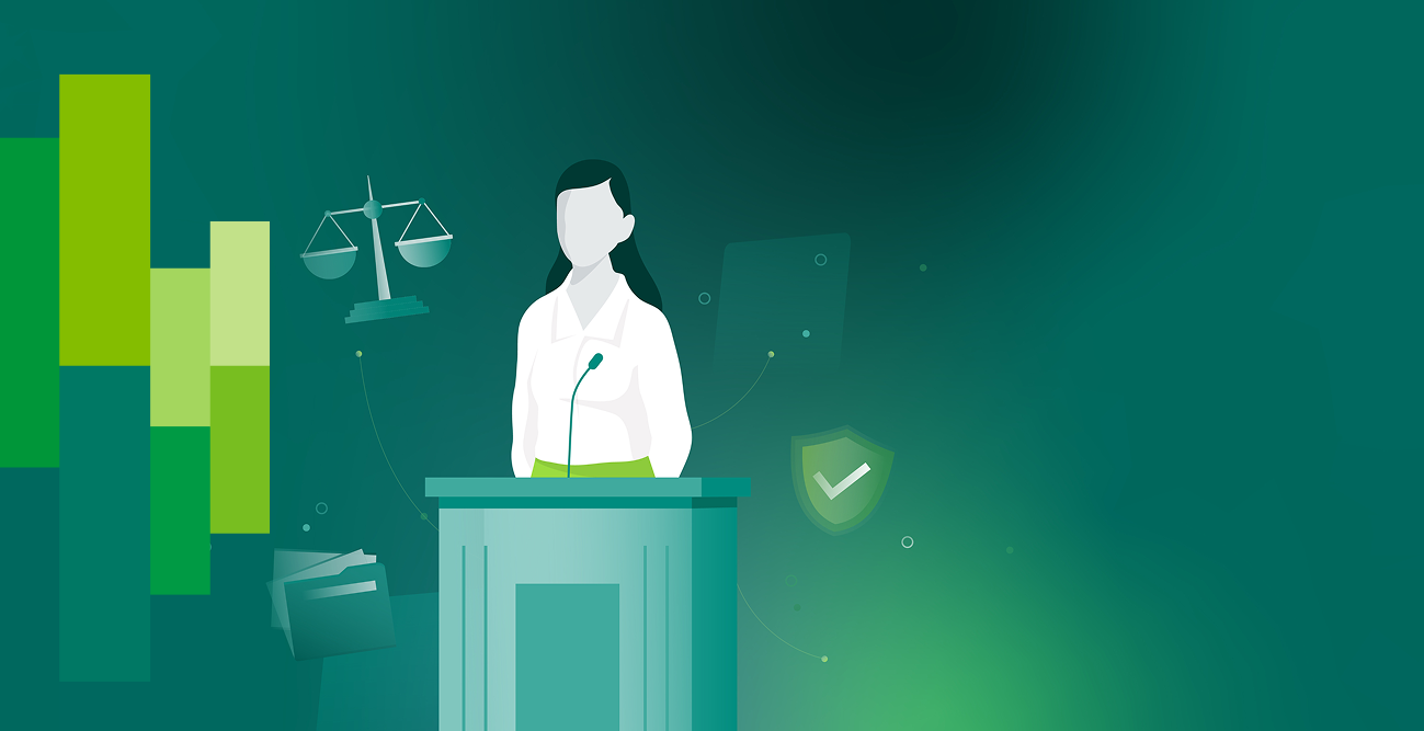 A person at a podium with scales, papers, and a shield, symbolizing law and justice on a green background.