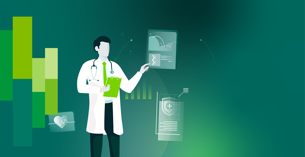 A person in a lab coat interacts with digital health data, surrounded by charts and medical symbols on a green background.