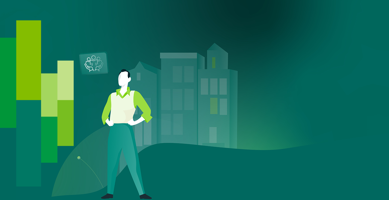 A person stands confidently in front of stylized buildings, green charts, and icons; the image conveys growth and community support in an abstract urban setting.