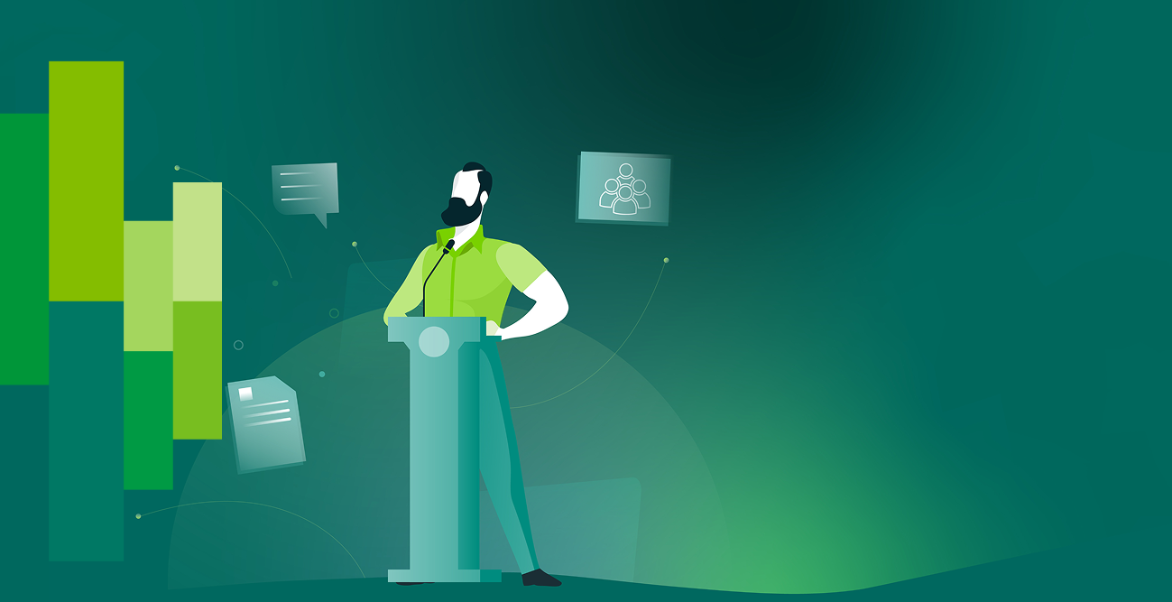 A person stands at a podium with digital graphics and speech bubbles in a green, abstract background, suggesting communication and technology themes.