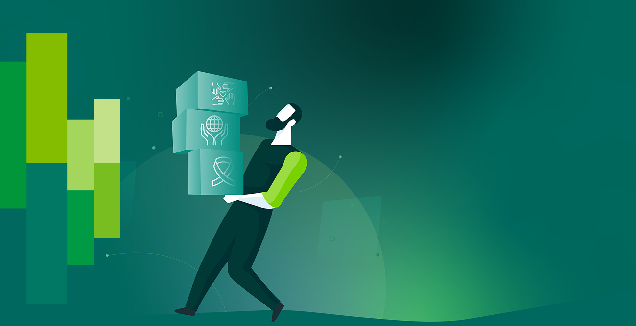 A person balances three symbolic cubes on a green abstract background, depicting collaboration, global unity, and awareness.