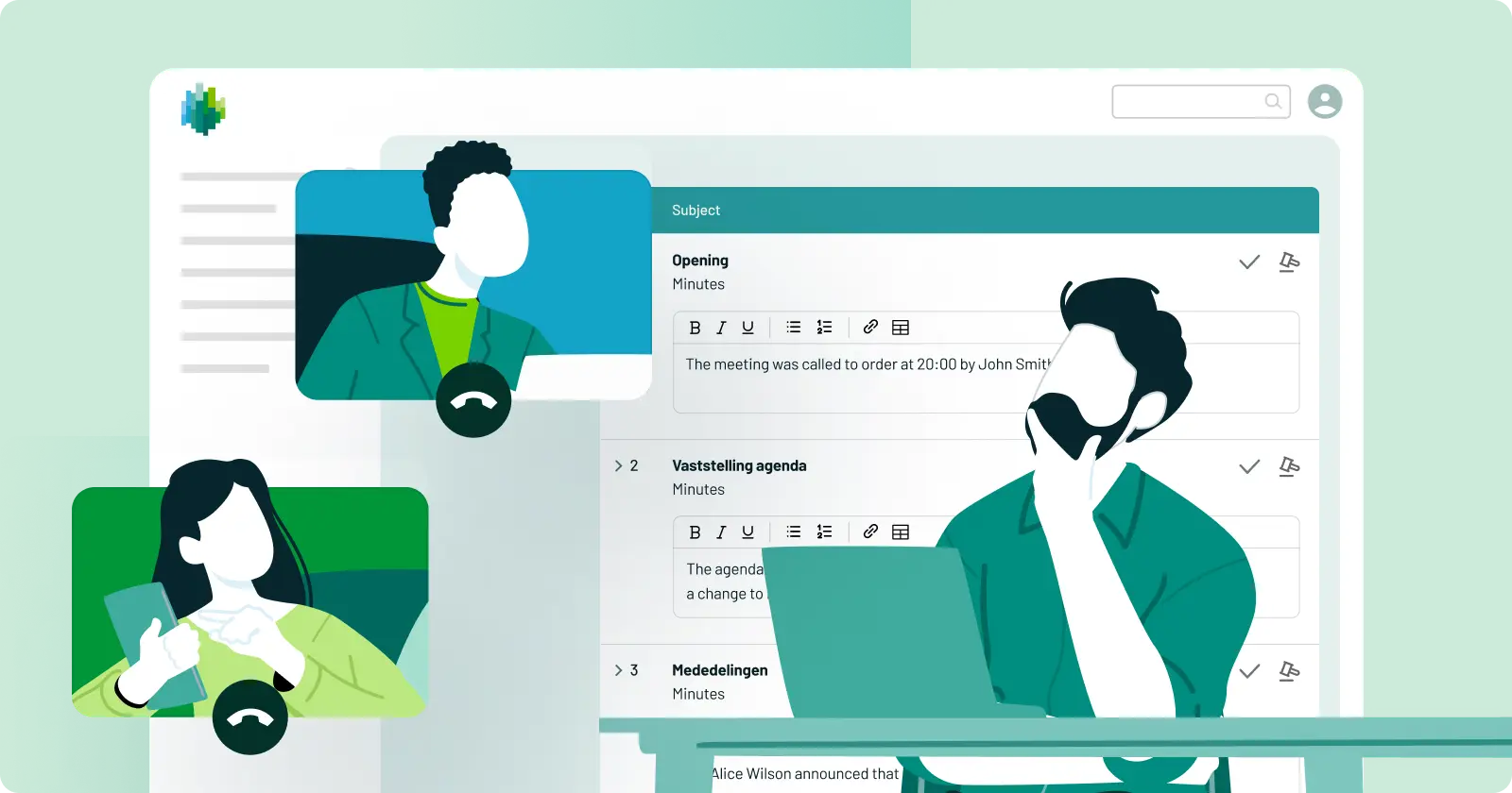 Three illustrated people in a virtual meeting interface, with agenda items displayed. The design is predominantly green and white.