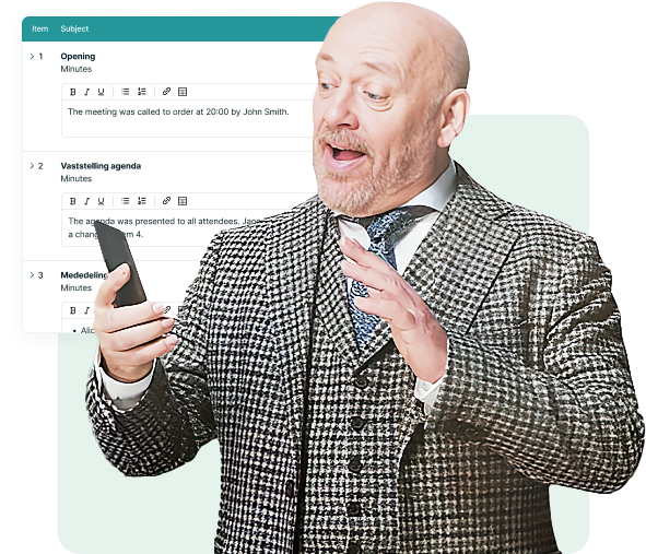 A person in a checkered suit looks at a smartphone, appearing surprised. Behind are digital meeting notes and a green background.
