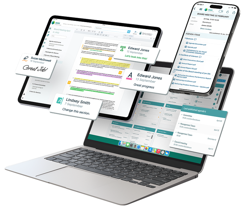 Multiple screens display digital documents and messages on a laptop and smartphone, showcasing a collaborative and organized workflow system.