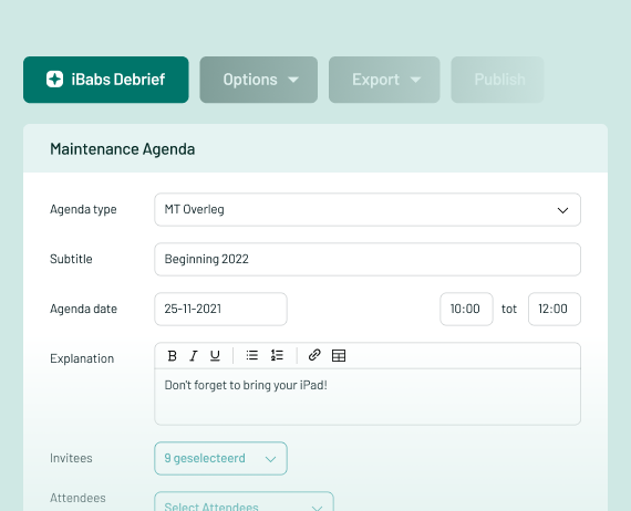 The image displays an online interface for setting a maintenance agenda, including options for date, time, attendees, and additional notes.