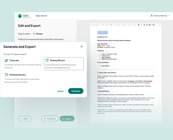 A software interface for generating meeting exports. Options include Transcript and Meeting Minutes. Document preview displays a meeting summary with agenda points.