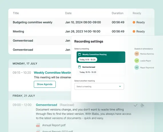 A scheduling interface displays meeting details, including dates, times, and attendees. Options for recording settings are shown. No landmarks or historical buildings present.