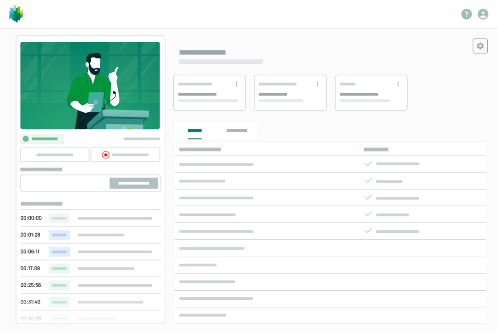 A digital interface displaying an illustrated person at a podium beside text boxes and lists, possibly related to audio or video content timelines.