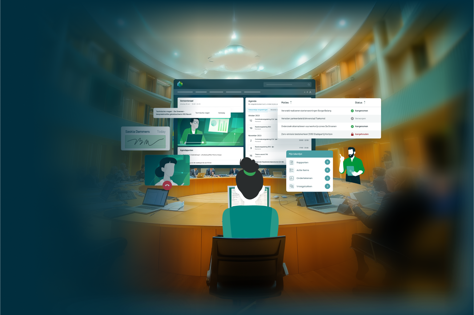 A modern conference room with people meeting, laptops open. Digital interface overlays showing various documents, agendas, and avatars engaged in virtual communication.