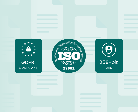 The image shows GDPR compliance, ISO 27001 certification, and 256-bit AES encryption icons on a document-themed background symbolizing data security standards.