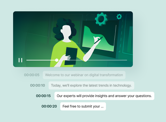 A person in a webinar discusses digital transformation and technology trends, with text captions and illustrations of graphs and gears in the background.