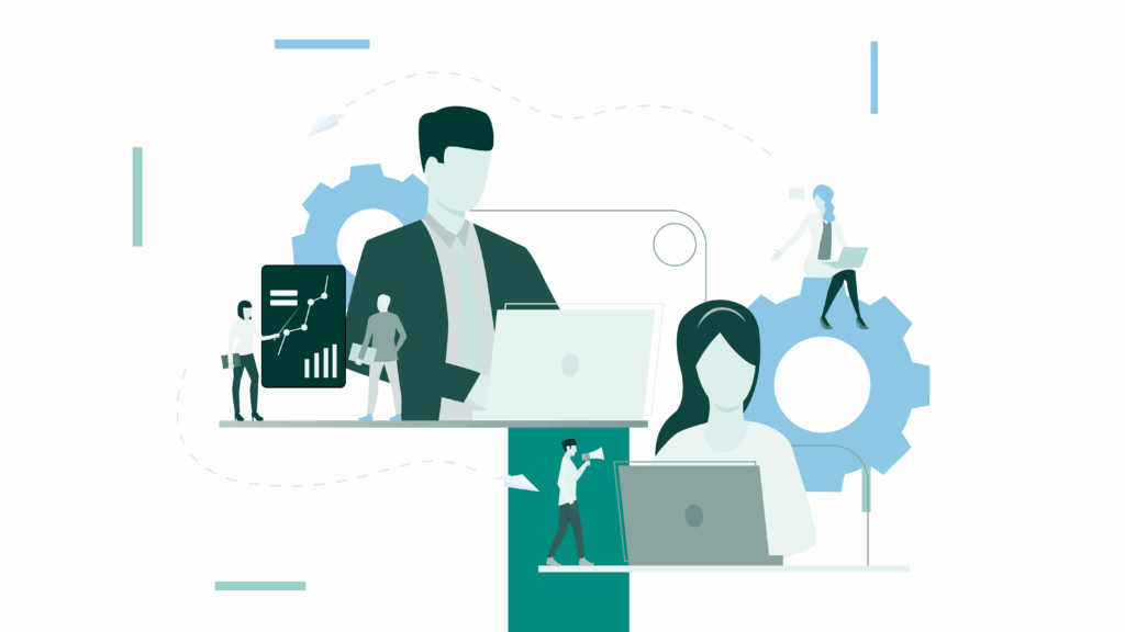Abstract illustration of people with laptops, gears, and charts, depicting teamwork and technology in a business environment.