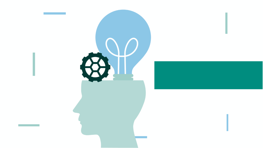 Silhouette of a person with a lightbulb and gear inside their head, symbolizing ideas and innovation, on a white background.