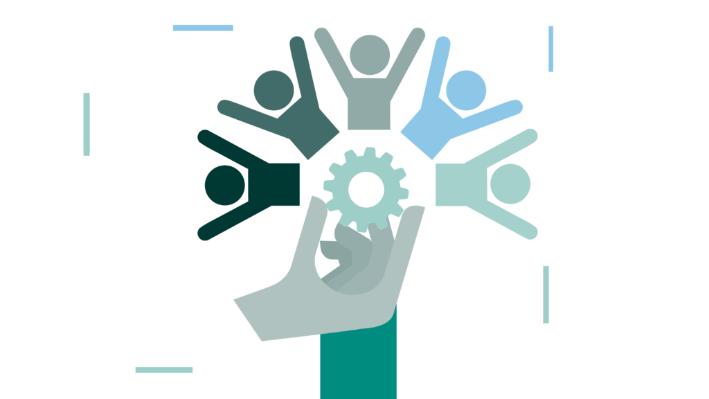 Abstract illustration of five stylized people surrounding a hand holding a gear, symbolizing teamwork, collaboration, and innovation in a diverse color palette.