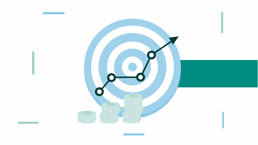 A target with an upward trend line, accompanied by stacks of coins, symbolizes financial growth and achieving business goals.