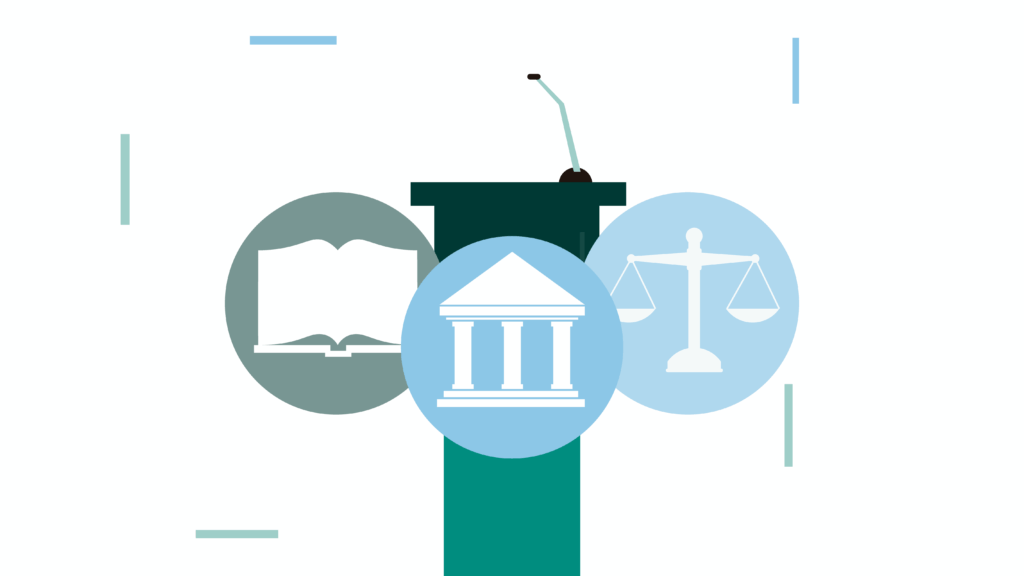 Podium with microphone, flanked by icons: open book, courthouse, and scales of justice, against a minimalistic white background with blue accents.