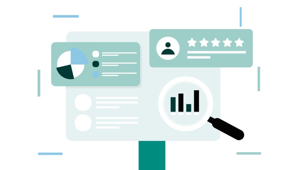 Abstract illustration featuring charts, graphs, and a magnifying glass, symbolizing data analysis and evaluation. No people or landmarks are visible.