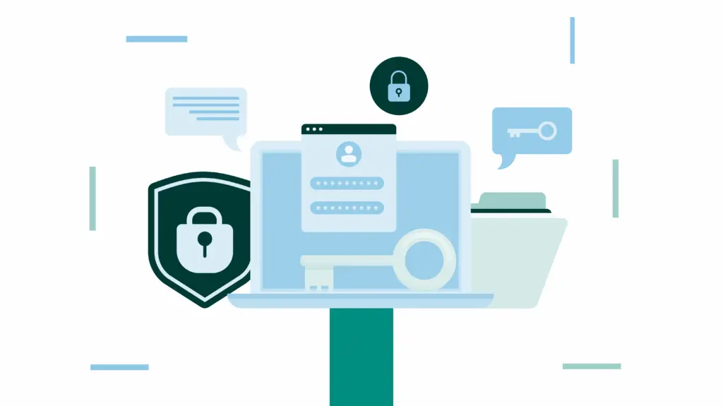 Digital security concept with laptop, password, key, lock icons highlighting data protection, cybersecurity measures. Shield and folder signify secure information management.