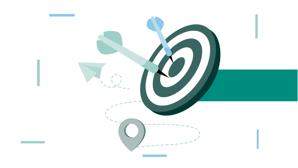 Darts hitting a bullseye on a target, with a paper airplane and location marker on a minimalist, abstract background.